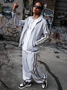 SHEIN Coolqubz Set 2pcs/Set Hoodie dan Celana Olahraga Kasual untuk Remaja Laki-laki, Nyaman - Grey - View 6