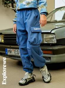 SHEIN Tween Boy Casual Letter Print Banded Leg Cargo Pants - Dusty Blue - View 4