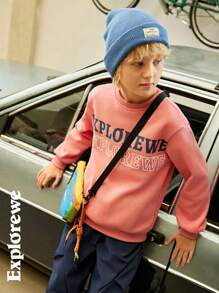 SHEIN Tween Boy Casual Letter Print Crew Neck Long Sleeve Pullover Sweatshirt, Autumn - Multicolor - View 9