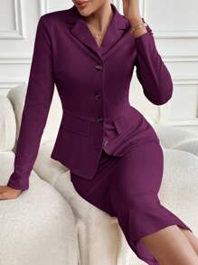 Lyxana 女士两件套服装：纯色翻领长袖夹克和铅笔中长裙，优雅的办公室服装 - 紫色 - 查看 6