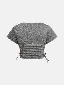 SHEIN 2st Tween Girls Knit Wrinkle Long Sleeve T-Shirt & Flared Byx Set - Grå - Visa 11