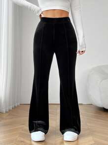 SHEIN PETITE Quần ống loe nhung trơn màu đơn giản cho nữ - màu đen - Xem 1