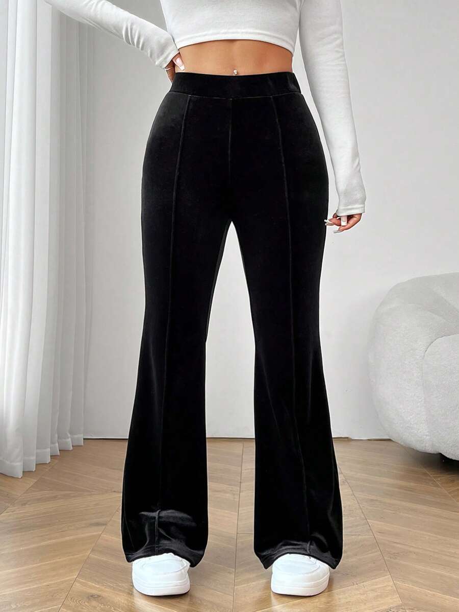 SHEIN PETITE Quần ống loe nhung trơn màu đơn giản cho nữ - màu đen - Xem 1