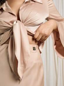 AiiRZ Satin Front Tie Flared Long Sleeve Collared Top With Bias Cut Straight Maxi Skirt Two-Piece Co-Ord Set - Khaki - View 4