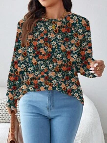 EMERY ROSE Plus Size Women Casual Allover Ditsy Floral Print Baggy Crew Neck Long Sleeve T-Shirt For Autumn & Winter