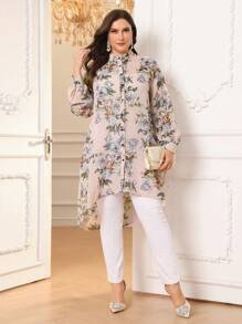 Modelyn Plus Size Front Button Stand Collar Long Sleeve Floral All-Over Print Casual Shirt - Pink - View 5