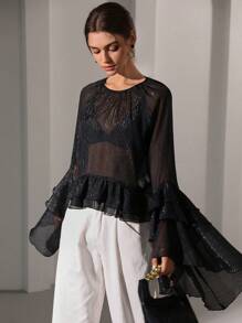 Aveloria Modichic Women's Autumn/Winter Bohemian Ruffled Glitter Chiffon Blouse - Black - View 1