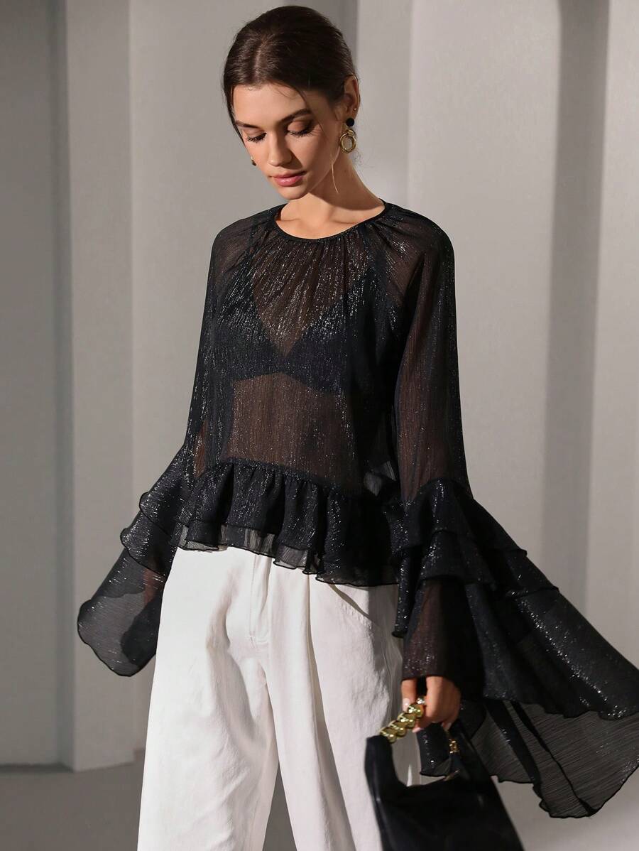 Aveloria Modichic Women's Autumn/Winter Bohemian Ruffled Glitter Chiffon Blouse - Black - View 1
