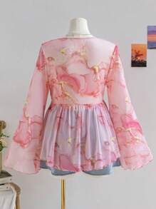 Soleia 大码女式彩色大理石印花针织网眼前开腰喇叭袖衬衫