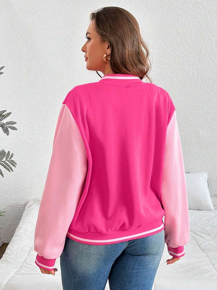 Plus Colorblock Striped Trim Bomber Jacket Winter Fall Autumn