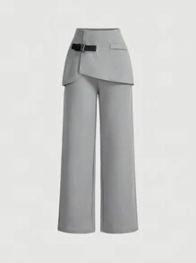 SHEIN MOD Women's 2 In 1 Pants, Leather Buckle Decor, Light Grey Straight-Leg Trousers, Back To School,Light Grey Dress Pants,Fall Pants