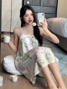 DAZY Vrouwen Bloemenprint Voorkant Strik V Hals Casual Losse Mouwloze Nachtjapon
