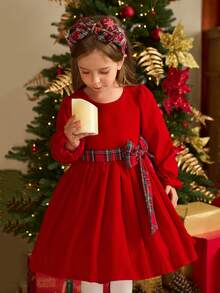 Glamorique Kids 圣诞红色儿童派对礼服，生日派对花童礼服，天鹅绒舒适连衣裙，派对表演服儿童派对礼服 - 紅色 - 查看 6