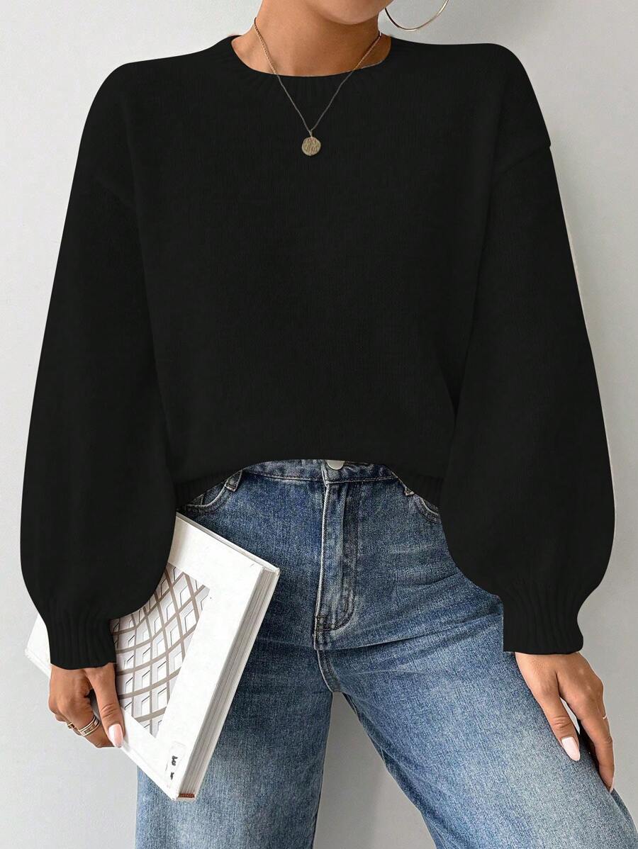 EMERY ROSE Loose Round-Neck Lantern Sleeve Harmony Drop Shoulder Knitted Sweater, Long Sleeve Top Fall Winter - Black - View 1