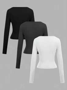 SHEIN EZwear 3 件女式圆领中长款休闲紧身基本款长袖 T 恤，适合秋冬季 - 彩色 - 查看 2