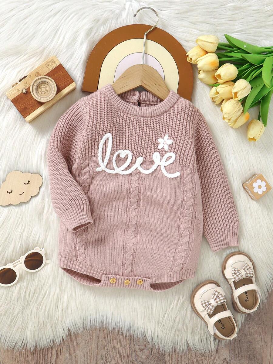 SHEIN Infant Bodysuit, Round Neck Long Sleeve All-In-One, Delicate Embroidered Decoration, Showcasing Fashion And Quality. Baby Triangle Crotch Bodysuit, Casual And Cute - Pink - View 1