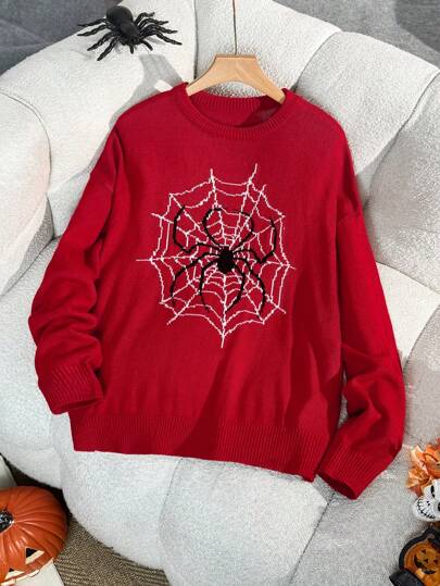 SHEIN EZwear Plus Size Red Spider Web Pattern Warm Knitted Sweater For Halloween, Autumn/Winter Fall