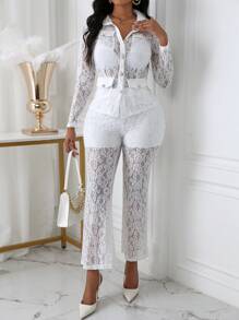 Chiquease Women's Spring/Summer Lace Shirt And Lace Pants Two-Piece Set - White - View 6