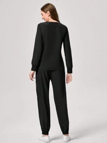 TaskEZ Solid Color V-Neck Long Sleeve Pocket Casual Nursing Scrub Uniform Top With Pants, Scrub Set - Black - View 2