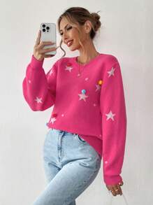 Chiquease Suéter de cuello redondo de manga larga con patrón de estrella de lujo casual para mujer, jersey de punto para otoño e invierno - Rojo - Ver 5