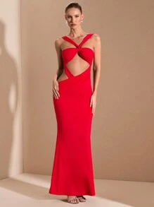 SHEIN BAE Váy dài dệt kim màu đỏ trơn gợi cảm thanh lịch đơn giản hở lưng khoét sâu, thích hợp cho tiệc tốt nghiệp, những dịp trang trọng, tiệc cocktail, hẹn hò lãng mạn, mặc nhiều lớp mùa thu/đông, tiệc tùng, hộp đêm, phù dâu cưới, đi chơi đêm, Halloween, Giáng sinh - Đỏ - Xem 3