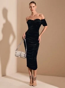 SHEIN BAE Autumn/Winter Solid Black Sexy Off-Shoulder Short Sleeve Ruched Mid-Length Bodycon Party Dress, Suitable For Cocktail Party, Romantic Date, Layering, Gatherings, Weddings, Halloween, Christmas