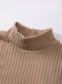 SHEIN ChillGRL 3pcs Tween Girl Collar Plaid Long Sleeve Jacket And Solid High Neck Rib Knit Top And Solid Rib Knit Flared Pants Set