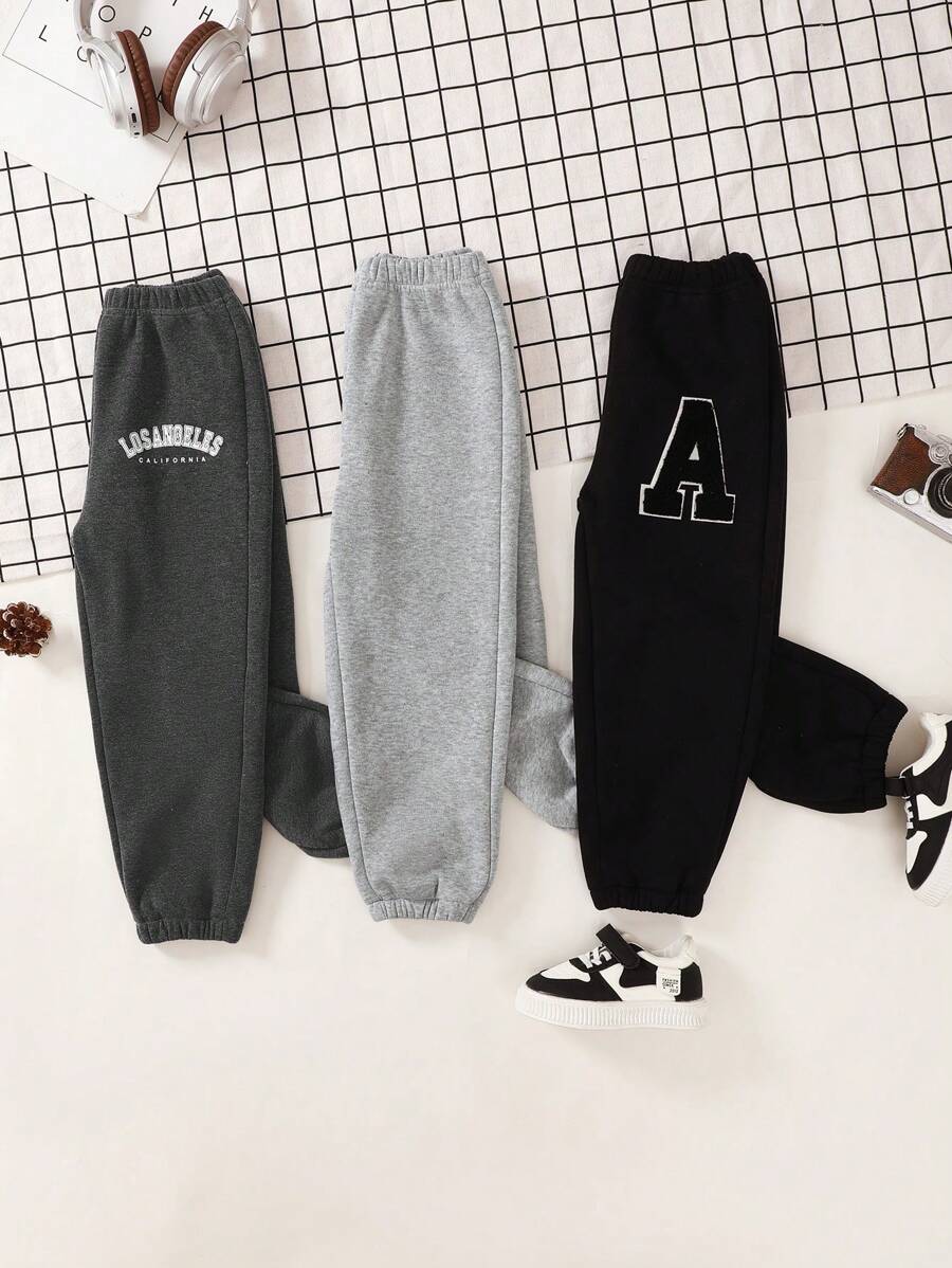 Young Girl A-Letter Applique Print Thermal Lining Casual Sweatpants With Cinched Waist, Black/Gray/Dark Gray, Multiple Pieces Set For Autumn/Winter - Multicolor - View 1