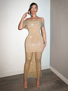 Zolique Women's Off Shoulder Rhinestone Bodycon Dress, Elegant Party Wear - Khaki - View 3