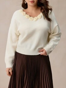 Elaquor Suéter elegante de talla grande con decoración floral 3D y cuello en V, informal para uso diario, otoño/invierno