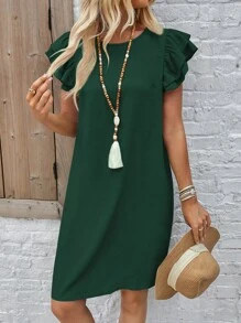 EMERY ROSE Đầm suông cổ tròn nhiều lớp màu trơn cho kỳ nghỉ hè dành cho nữ - Màu xanh lá cây đậm - Xem 5