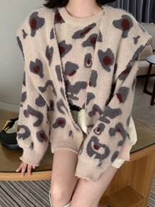 SHEIN X Angie Costa Chiquease Damen Leoparden Muster strukturierter Schal Pullover, Lässig für Herbst und Winter