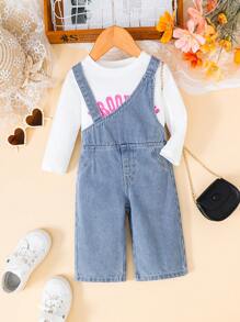 Infant Girls' Fall/Winter Fashion Denim Bib Pants And Long Sleeve T-Shirt Outfit, Casual Streetwear For Photoshoot