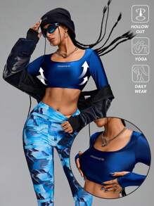 Innovista Oversized T-Shirt mit Buchstaben-Muster, Rundhalsausschnitt, Rückenausschnitt, Langarm, ultrakurz, Sportoberteil, Tennisshirt, Herbstmode, Alltagsmode, dehnbares, schlankes T-Shirt, blaues Oberteil für Damen Herbstoutfits, hellblau