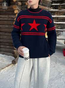 Claim Dot 男士休闲日常星星图案落肩宽松针织毛衣，秋冬 - 寶藍色 - 查看 6