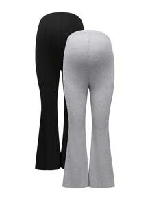 Modmama 2pcs Maternity High Waist Flared Pants, Solid Color Adjustable Waistband Pregnancy Trousers