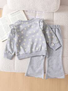 SHEIN 1set Baby Girls Apricot Color Long Sleeve & Long Pants Versatile Outfit, Autumn - Grey - View 2