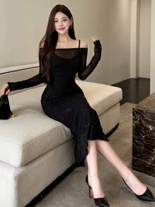 DAZY 1件装女士舞会礼服，露肩长袖网纱撞色连衣裙，生日、新年、舞会派对女士薄纱连衣裙，返校服装，秋季连衣裙，返校礼服，优雅女士连衣裙