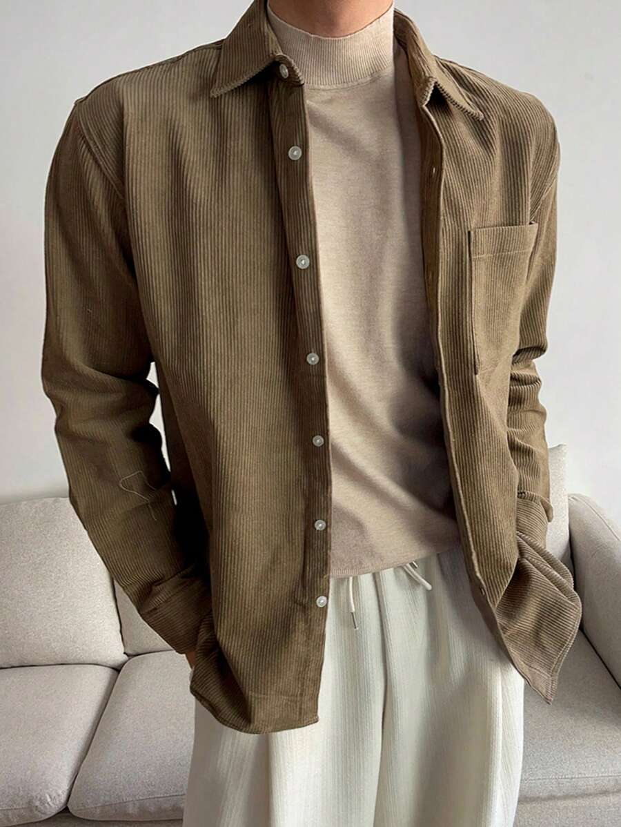 DAZY Men Brown Casual Corduroy Patchwork Pocket Shirt, Autumn Long Sleeve Men Shirt - Brown - View 1