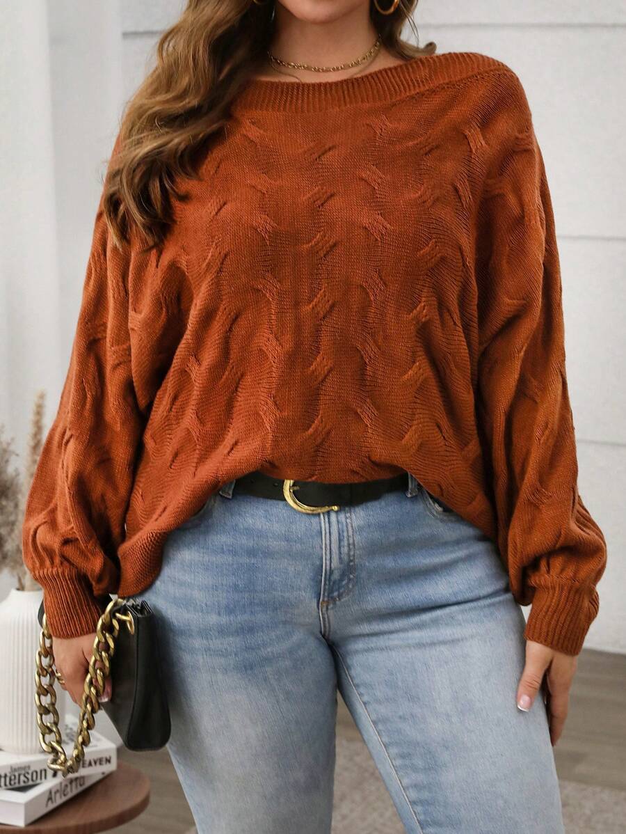 SHEIN LUNE Plus Size Solid Color Boat Neck Casual Long Sleeve Pullover Sweater Knit Pullover Fall Winter - Coffee Brown - View 1