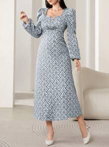 Modelyn Women Elegant Floral Jacquard Puff Sleeve Dress, Autumn Long Evening Dresses