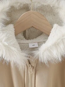 Girls Khaki Embroidered 3D Flower Fuzzy Collar Warm Jacket, For Toddlers & Young Girl