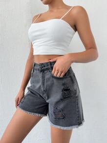 Cottnline Women Front Button Pocket Ripped Minimalist Casual Shorts - Grey - View 3
