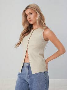 Easelle 1pc Women's Solid Color Sleeveless Knit Vest - Apricot - View 4