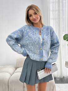 EURMUSE Floral Print Brushed Knit Splice Button Front Elegant Long Sleeve Cardigan - Blue - View 1