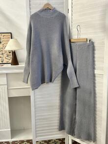 SHEIN LUNE Bộ 2 áo len tay cánh dơi màu trơn và quần dệt kim cho nữ, thường ngày, thu/đông - Xám - Xem 6