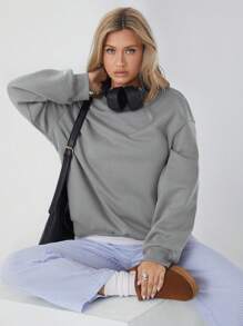 SHEIN EZwear sweat-shirt en molleton unicolore et décontracté pour femme - Gris foncé - Voir 1