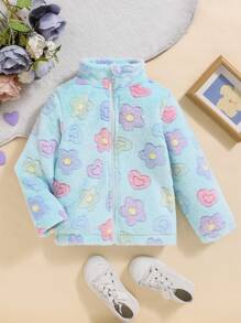年轻女孩休闲可爱蓬松印花拉链保暖夹克 - 彩色 - 查看 1