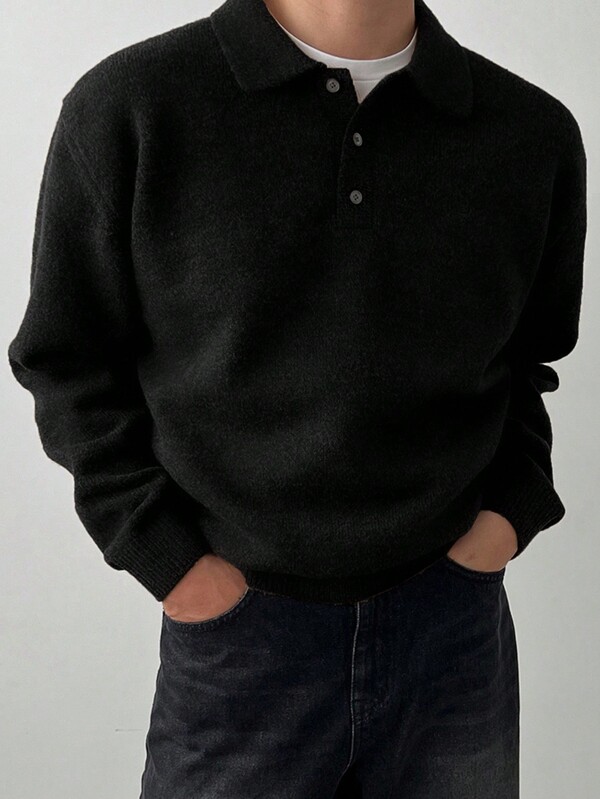 DAZY Men's Casual Solid Color Drop Shoulder Loose Knit Polo Sweater, Autumn