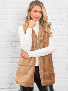 SHEIN LUNE Women's Round Neck Quilted Fluffy Sleeveless Warm Casual Commuting Outerwear Jacket, Autumn & Winter